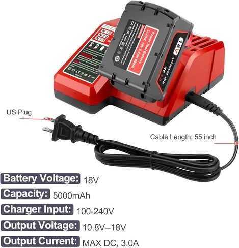 ADVTRONICS 18V 5.0Ah M18 Battery with Charger 48-59-1812 Compatible with 18V Battery M18 M18B 48-11-1852 48-11-1850 48-11-1840 48-11-1890 48-11-1828 48-11-1820 48-11-1815 48-11-1820 in Kuwait