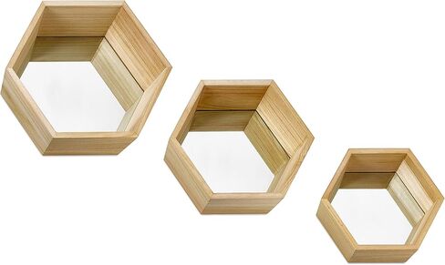 مرآة حائط من بارنو مكونة من 3 مرايا بإطار خشبي سداسي | مرايا مثبتة على الحائط | مجموعة مرآة هندسية لتزيين الحائط in Kuwait