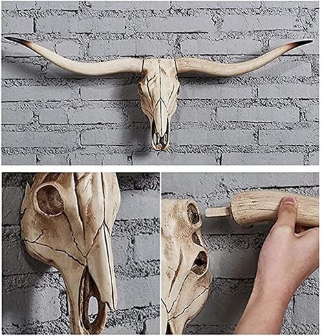 HEZITO 30 بوصة قرن طويل بقرة جمجمة ديكور معلق على الحائط، جمجمة صناعية التحنيط رأس حيوان ديكور جدار ديكور مزرعة يدوي الصنع جدار النحت (ريترو) in Kuwait
