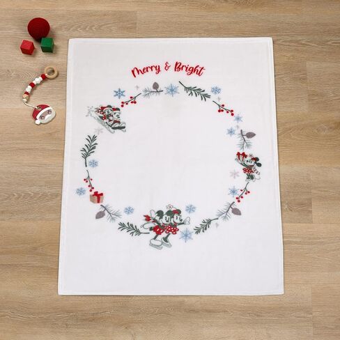 Disney Mickey and Minnie Mouse White, Red, and Green Christmas Holiday Wreath Merry and Bright Photo Op Super Soft Baby Blanket in Saudi Arabia