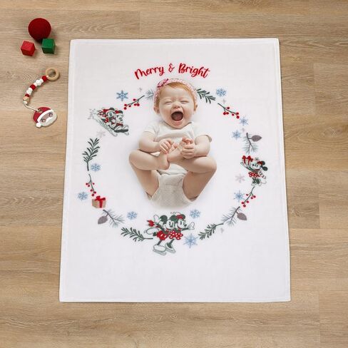 Disney Mickey and Minnie Mouse White, Red, and Green Christmas Holiday Wreath Merry and Bright Photo Op Super Soft Baby Blanket in Saudi Arabia