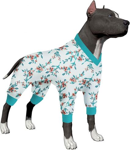 بدلة قطعة واحدة كبيرة الحجم للكلاب من LovinPet - ملابس Pjs للكلاب لحماية ما بعد الجراحة، ملابس داخلية للكلاب تغطي 4 أرجل، خفيفة الوزن قابلة للتمدد، فقاعات وطباعة زهور باللونين الأبيض والأزرق المخضر، قميص داخلي لسترات الكلاب، أزرق 3XL in Kuwait