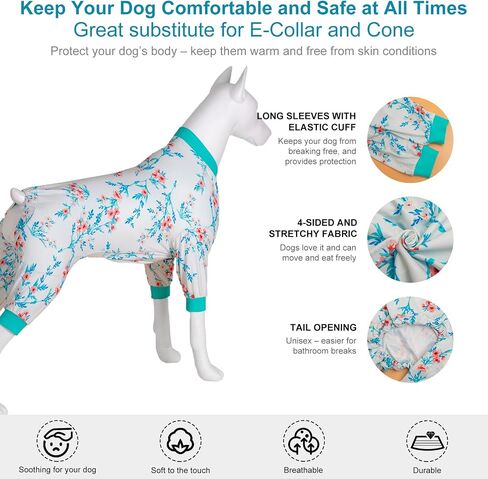 بدلة قطعة واحدة كبيرة الحجم للكلاب من LovinPet - ملابس Pjs للكلاب لحماية ما بعد الجراحة، ملابس داخلية للكلاب تغطي 4 أرجل، خفيفة الوزن قابلة للتمدد، فقاعات وطباعة زهور باللونين الأبيض والأزرق المخضر، قميص داخلي لسترات الكلاب، أزرق 3XL in Kuwait
