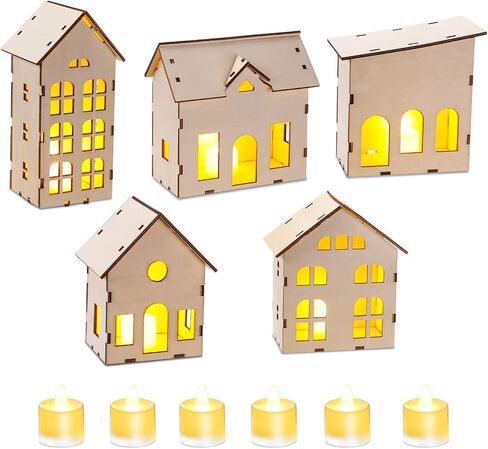 12 Pcs Christmas Village Sets Unassembled Christmas Houses Village Sets with 6 Pcs Christmas Wooden House and 6 Pcs LED Candle Lights Tiny House Ornaments Xmas Light up Village Scene Decorations in Saudi Arabia