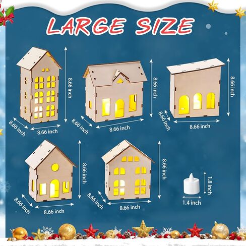 12 Pcs Christmas Village Sets Unassembled Christmas Houses Village Sets with 6 Pcs Christmas Wooden House and 6 Pcs LED Candle Lights Tiny House Ornaments Xmas Light up Village Scene Decorations in Saudi Arabia