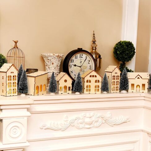 12 Pcs Christmas Village Sets Unassembled Christmas Houses Village Sets with 6 Pcs Christmas Wooden House and 6 Pcs LED Candle Lights Tiny House Ornaments Xmas Light up Village Scene Decorations in Saudi Arabia