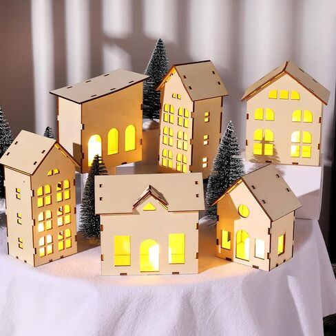 12 Pcs Christmas Village Sets Unassembled Christmas Houses Village Sets with 6 Pcs Christmas Wooden House and 6 Pcs LED Candle Lights Tiny House Ornaments Xmas Light up Village Scene Decorations in Saudi Arabia