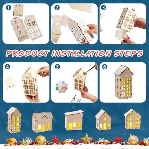 12 Pcs Christmas Village Sets Unassembled Christmas Houses Village Sets with 6 Pcs Christmas Wooden House and 6 Pcs LED Candle Lights Tiny House Ornaments Xmas Light up Village Scene Decorations in Saudi Arabia