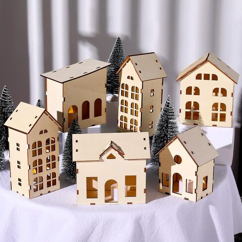12 Pcs Christmas Village Sets Unassembled Christmas Houses Village Sets with 6 Pcs Christmas Wooden House and 6 Pcs LED Candle Lights Tiny House Ornaments Xmas Light up Village Scene Decorations in Saudi Arabia