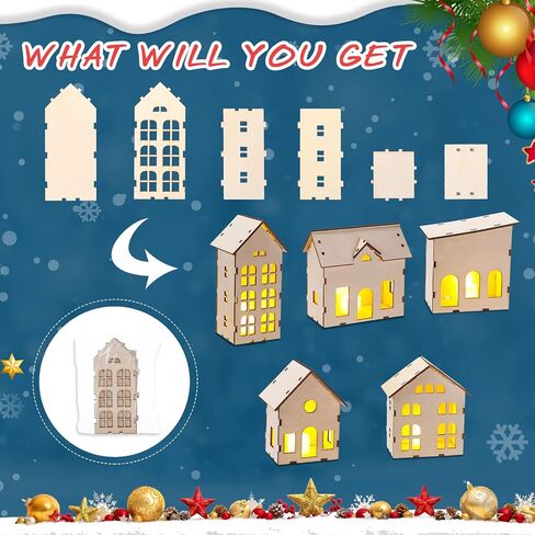 12 Pcs Christmas Village Sets Unassembled Christmas Houses Village Sets with 6 Pcs Christmas Wooden House and 6 Pcs LED Candle Lights Tiny House Ornaments Xmas Light up Village Scene Decorations in Saudi Arabia