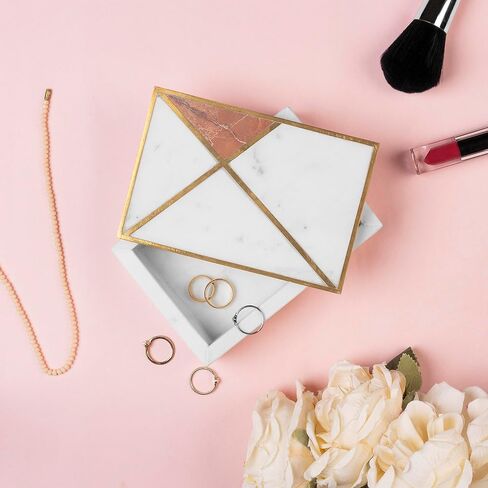 GoCraft White Marble Jewelry Box Organizer with Gold Geometric Inlay - Decorative Trinket Box with Lid - Contemporary Keepsake Storage Case for Items, Decor or Gift (6" x 4") in Kuwait
