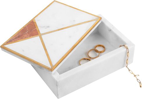 GoCraft White Marble Jewelry Box Organizer with Gold Geometric Inlay - Decorative Trinket Box with Lid - Contemporary Keepsake Storage Case for Items, Decor or Gift (6" x 4") in Kuwait