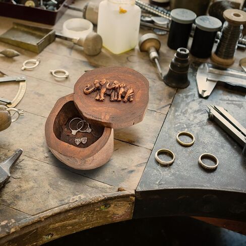 IYARA CRAFT Rustic Elephant Jewelry Box 4x6 - Hand Carved Mother & Father Elephant Family in Genuine Teak Wood. Traditional Antique Look, Ideal for Women, Gift, Srorage, Presentation in Kuwait