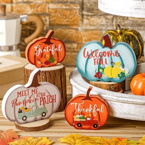 Jetec 4 Pcs Fall Decor for Home Pumpkin Tiered Tray Decor Fall Pumpkin Table Sign Thanksgiving Tiered Tray Welcome Fall Tabletop Sign Farmhouse Tiered Tray Decor Mini Wood Sign, Autumn(Multicolor) in Saudi Arabia