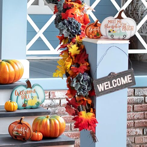 Jetec 4 Pcs Fall Decor for Home Pumpkin Tiered Tray Decor Fall Pumpkin Table Sign Thanksgiving Tiered Tray Welcome Fall Tabletop Sign Farmhouse Tiered Tray Decor Mini Wood Sign, Autumn(Multicolor) in Saudi Arabia