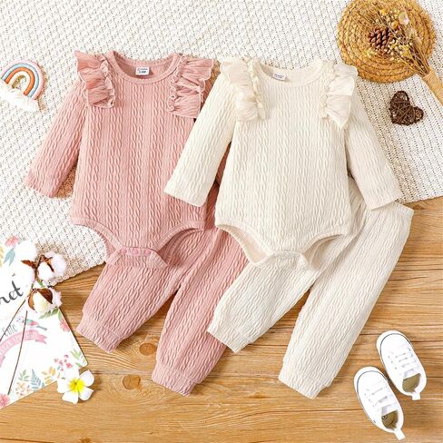 PATPAT Newborn Baby Girl Clothes Set Solid Color Long Sleeves Infant Toddler Fall Outfits Romper and Pants Set in Saudi Arabia