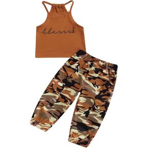 MA&BABY Toddler Kids Girl Clothes Sleeveless Blessed Letter Print Sling Tank Tops Camouflage Pants Set