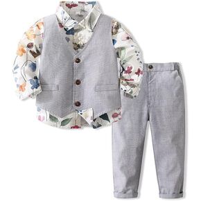 طقم كاجوال للأولاد من Abolai مكون من 3 قطع مع قميص مزين بالزهور وسترة وبنطلون in Kuwait