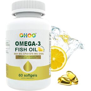 زيت السمك OHOO أوميغا 3 2400 ملغ، تاريخ انتهاء الصلاحية مطلوب: 31 مايو 2023، مكمل مع EPA وDHA، نكهة الليمون، يدعم صحة الدماغ والمفاصل والقلب، غير معدل وراثيًا، خالي من الغلوتين، 60 كبسولة هلامية in Kuwait