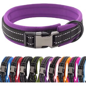 Nylon Padded Dog Collar Soft Adjustable Reflective Wide Pet Collars for Small Medium Large Dogs, Black, M