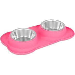 INTERNET'S BEST Bone Dog Bowl Set - Double Stainless Steel Food and Water Bowls with Non-Slip Silicone Stand - No Spill Pet Feeding Station - Durable Dog Dish Holder Set - Small, Pink