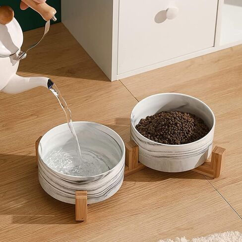 أوعية للقطط للطعام والماء، أوعية للقطط من السيراميك مع حامل خشبي، أوعية لإطعام القطط للقطط الداخلية، أوعية طعام للحيوانات الأليفة للكلاب والقطط الصغيرة والمتوسطة الحجم، وأطباق طعام ومياه للقطط، تصميم عصري in Kuwait