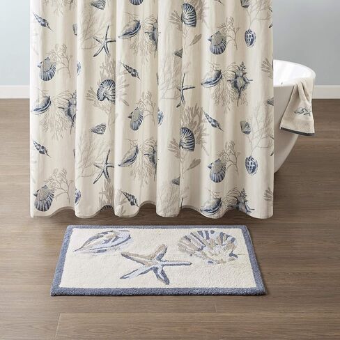 Madison Park Bayside 100% Cotton Tufted Non-Slip Absorbent Ultra Soft Seashells Beach Style Bath Mat Bathroom Rugs, 21X34" Inches, Blue, 1 Piece in Saudi Arabia