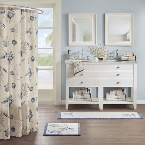 Madison Park Bayside 100% Cotton Tufted Non-Slip Absorbent Ultra Soft Seashells Beach Style Bath Mat Bathroom Rugs, 21X34" Inches, Blue, 1 Piece in Saudi Arabia