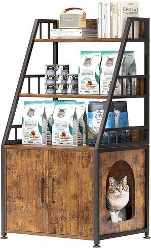 Herture Litter Box Enclosure with Shelves, Wood Cat Litter Box Furniture Hidden, with Storage adn Door, Cat Washroom Furniture, Fit Most of Litter Box, Rustic Brown PG04MWN in Kuwait