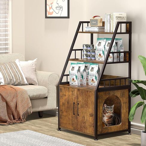 Herture Litter Box Enclosure with Shelves, Wood Cat Litter Box Furniture Hidden, with Storage adn Door, Cat Washroom Furniture, Fit Most of Litter Box, Rustic Brown PG04MWN in Kuwait