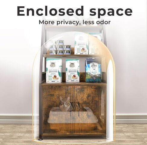 Herture Litter Box Enclosure with Shelves, Wood Cat Litter Box Furniture Hidden, with Storage adn Door, Cat Washroom Furniture, Fit Most of Litter Box, Rustic Brown PG04MWN in Kuwait