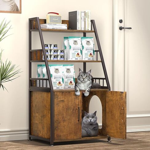 Herture Litter Box Enclosure with Shelves, Wood Cat Litter Box Furniture Hidden, with Storage adn Door, Cat Washroom Furniture, Fit Most of Litter Box, Rustic Brown PG04MWN in Kuwait