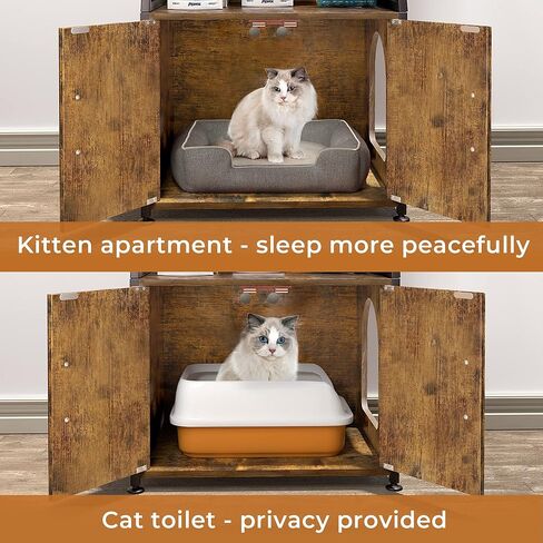 Herture Litter Box Enclosure with Shelves, Wood Cat Litter Box Furniture Hidden, with Storage adn Door, Cat Washroom Furniture, Fit Most of Litter Box, Rustic Brown PG04MWN in Kuwait