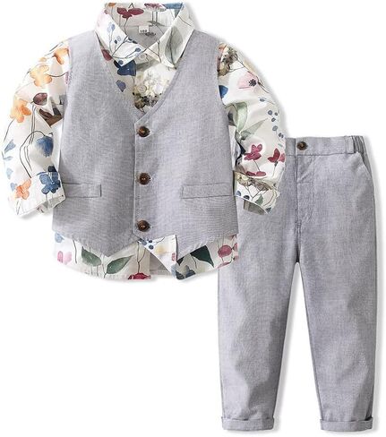 طقم كاجوال للأولاد من Abolai مكون من 3 قطع مع قميص مزين بالزهور وسترة وبنطلون in Kuwait