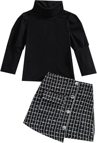 Toddler Baby Girl Skirt Outfit Long Sleeve Turtleneck Sweaters + Plaid Mini Skirts Set Fall Winter Clothes in Saudi Arabia