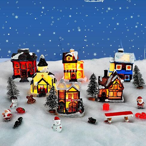 22 Pieces Christmas Village Sets Led Lighted Christmas Village Houses with Figurines Resin Desktop Miniature Christmas Trees Decoration Fluffy Christmas Snow Blankets Mini Santa Claus Figurines in Saudi Arabia