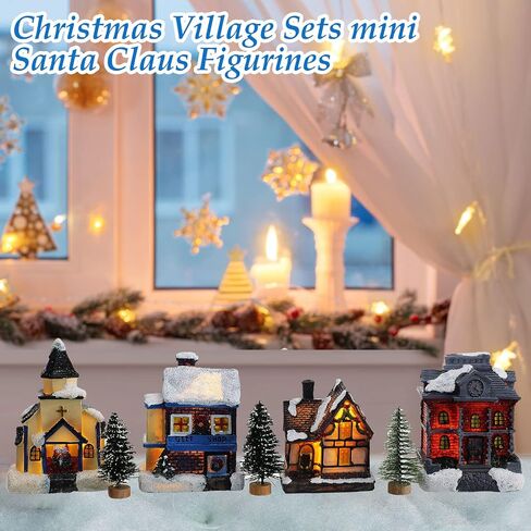 22 Pieces Christmas Village Sets Led Lighted Christmas Village Houses with Figurines Resin Desktop Miniature Christmas Trees Decoration Fluffy Christmas Snow Blankets Mini Santa Claus Figurines in Saudi Arabia