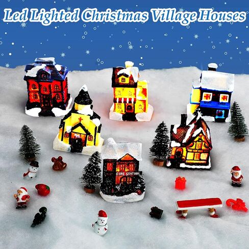 22 Pieces Christmas Village Sets Led Lighted Christmas Village Houses with Figurines Resin Desktop Miniature Christmas Trees Decoration Fluffy Christmas Snow Blankets Mini Santa Claus Figurines in Saudi Arabia