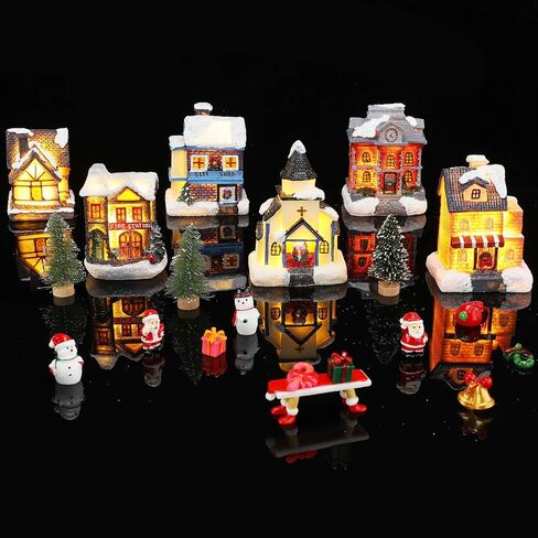 22 Pieces Christmas Village Sets Led Lighted Christmas Village Houses with Figurines Resin Desktop Miniature Christmas Trees Decoration Fluffy Christmas Snow Blankets Mini Santa Claus Figurines in Saudi Arabia