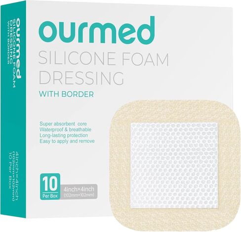 Silicone Foam Dressing with Border Adhesive - Highly Absorbent Waterproof Wound Dressing Bandage for Wound Care, Foot Diabetic Ulcer, Leg Ulcer, 3" x 3", 10 Pack, FSA HSA Eligible in Kuwait