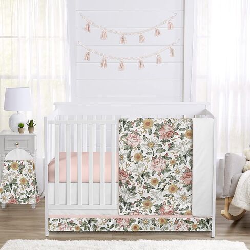 Sweet Jojo Designs Vintage Floral Boho Baby Girl Nursery Crib Bedding Set - 4 Pieces - Blush Pink, Yellow, Green and White Shabby Chic Rose Flower Farmhouse in Saudi Arabia