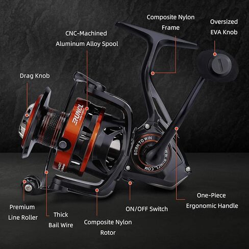RUNCL Spinning Fishing Reel Rushmore - 6.2: 1 بكرة صيد عالية السرعة، 9+1 محمية من الفولاذ المقاوم للصدأ BB، 28.5 رطل أقصى سحب من ألياف الكربون، بكرة جاهزة للجديلة، مقاس 2000-5000 لصيد الأسماك بسلاسة in Kuwait