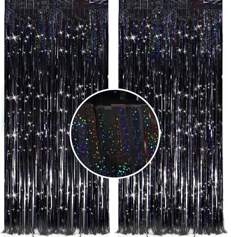 2 حزمة 3.2 قدم × 9.8 قدم بلينغ الأسود بهرج الستار حزب خلفية الزينة، معدنية احباط هامش خلفية الباب لجميع القديسين، عيد الميلاد، عيد ميلاد التخرج حفل زفاف اللافتات خلفية الصورة. in Kuwait