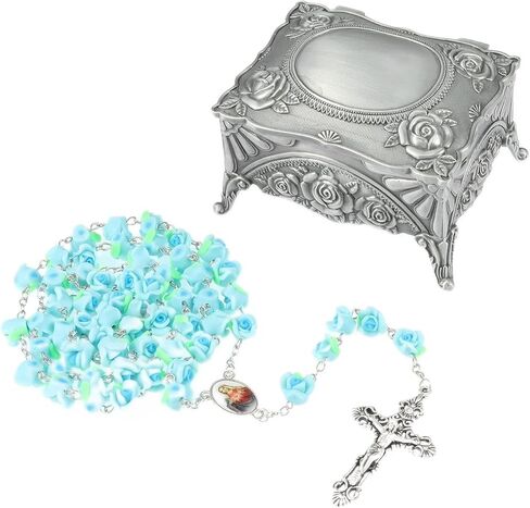 WHLHMK Rosary Beads Catholic with Rose Jewelry Box, Polymer Clay Rose Rosary Necklace with Vintage Metal Jewelry Box, Confirmation Gifts for Teenage Girl Christian Gifts for Women Catholic Gifts in Saudi Arabia