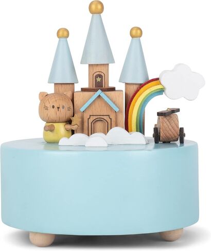 صندوق الموسيقى الخشبي الطبيعي مقاس 5 بوصة من Cottage Garden Rainbow Castle Cat باللون الأزرق يعزف نغمة Brahm's Lullaby in Kuwait