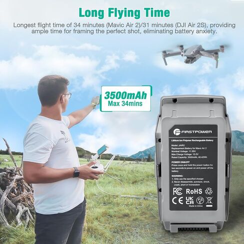 بطارية FirstPower Mavic Air 2 بقدرة 3500 مللي أمبير في الساعة، أقصى زمن طيران يصل إلى 34 دقيقة، بطارية طيران ذكية متوافقة مع DJI Mavic Air 2، وDJI Air 2S Drone in Kuwait