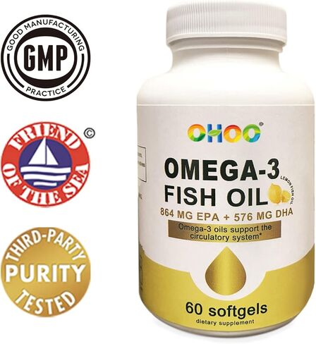 زيت السمك OHOO أوميغا 3 2400 ملغ، تاريخ انتهاء الصلاحية مطلوب: 31 مايو 2023، مكمل مع EPA وDHA، نكهة الليمون، يدعم صحة الدماغ والمفاصل والقلب، غير معدل وراثيًا، خالي من الغلوتين، 60 كبسولة هلامية in Kuwait