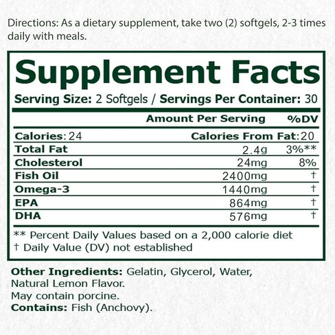 زيت السمك OHOO أوميغا 3 2400 ملغ، تاريخ انتهاء الصلاحية مطلوب: 31 مايو 2023، مكمل مع EPA وDHA، نكهة الليمون، يدعم صحة الدماغ والمفاصل والقلب، غير معدل وراثيًا، خالي من الغلوتين، 60 كبسولة هلامية in Kuwait