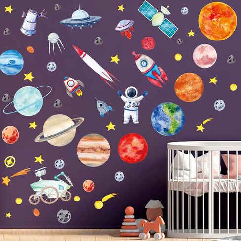 Space Wall Decals,Space Wall Stickers Planets Astronaut Rocket Spacecraft Alien Galaxy Wall Decals Solar System Stickers Outer Space Room Decor for Kids Boys Girls Toddler Nursery Bedroom Decor in Kuwait