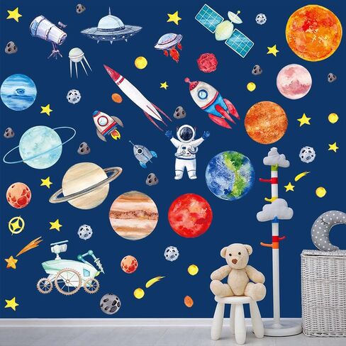 Space Wall Decals,Space Wall Stickers Planets Astronaut Rocket Spacecraft Alien Galaxy Wall Decals Solar System Stickers Outer Space Room Decor for Kids Boys Girls Toddler Nursery Bedroom Decor in Kuwait